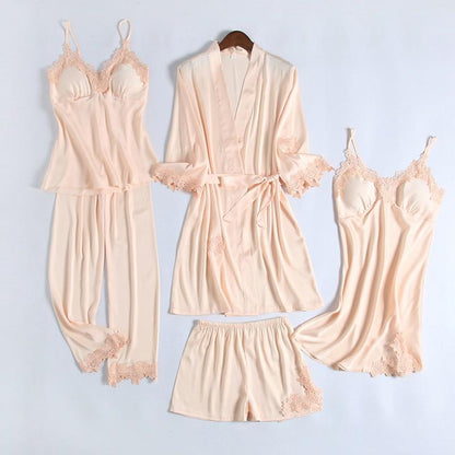 Wedding Robe Suit Women Summer Satin Kimono Bath Gown Sexy Lace Sleepwear Bride Bridesmaid Bathorobe Lingerie Loose Pajamas