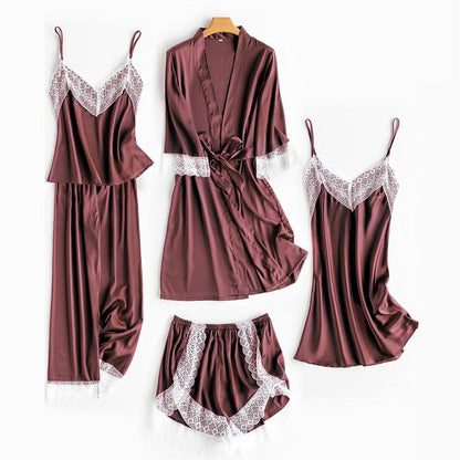 Wedding Robe Suit Women Summer Satin Kimono Bath Gown Sexy Lace Sleepwear Bride Bridesmaid Bathorobe Lingerie Loose Pajamas